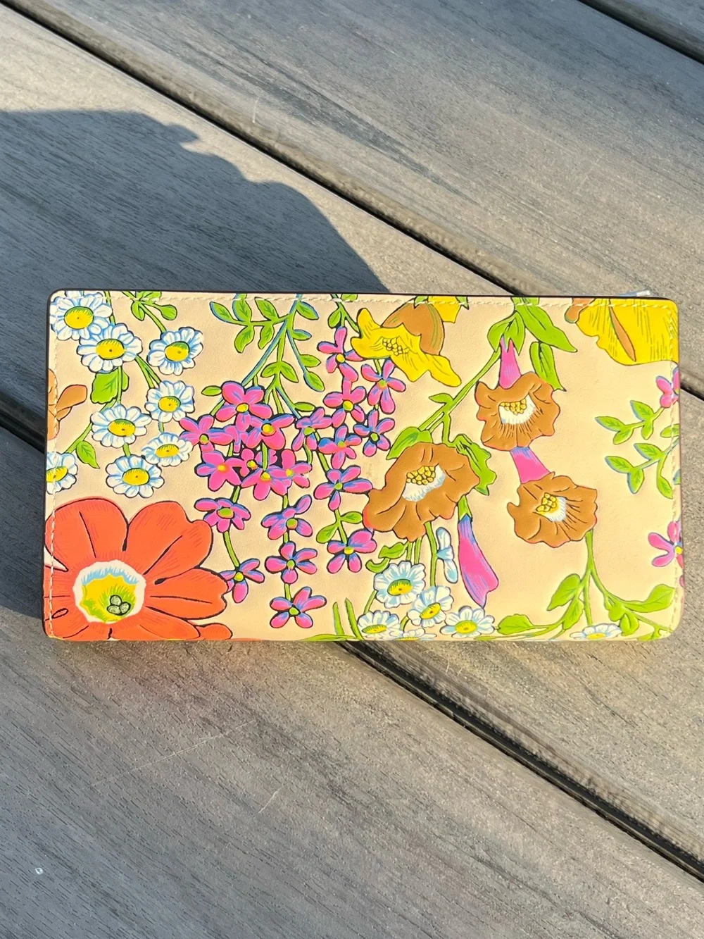 Coach; Slim Zip Wallet; Rare; Ivory/Multi Color; Textured; Floral Print Leather
